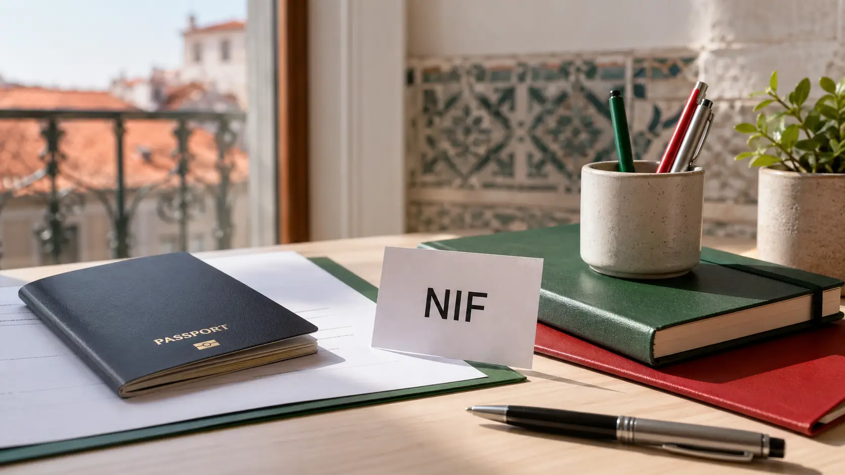 Passport, documents, and notes prepared for requesting a NIF in Portugal