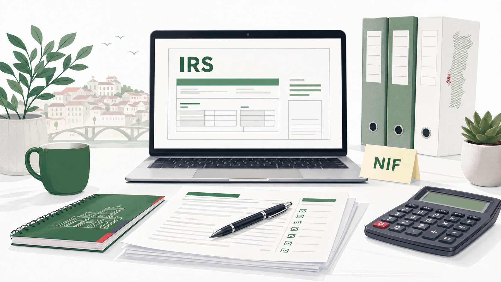 Laptop and documents prepared for filing an IRS tax return in Portugal